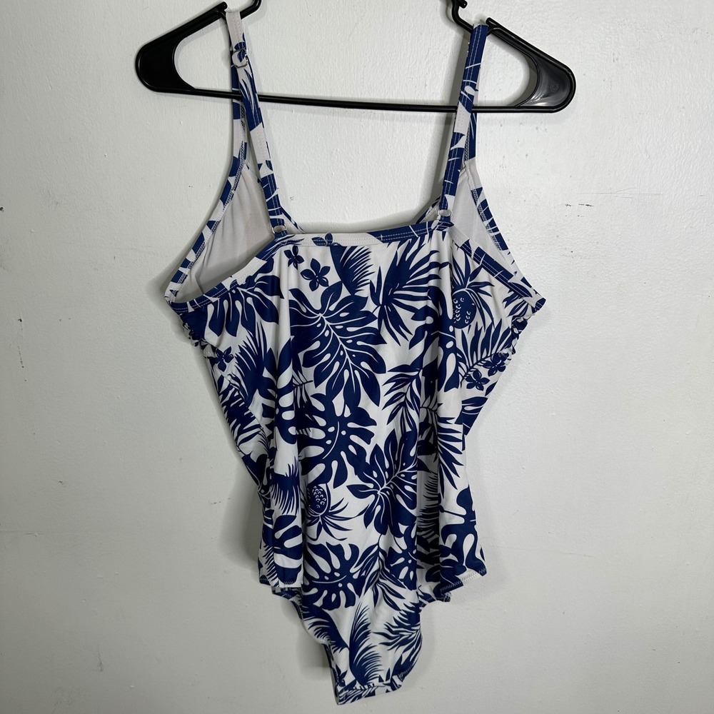 Sheshow Women XL Blue White Tropical Palm Leaf Ruched One Piece Swimsuit READ - Picture 5 of 5